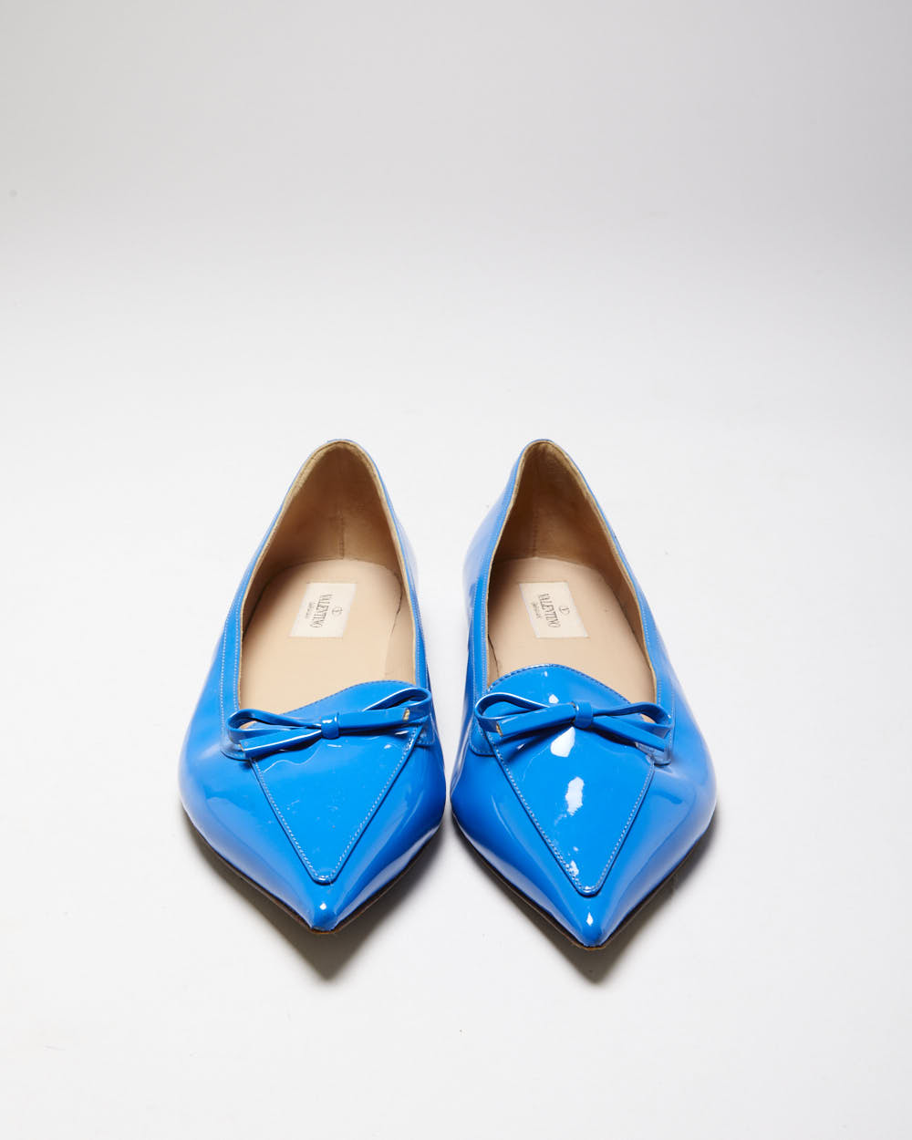 Valentino Garavani Women's Blu Vibrante Patent Leather Pointed Toe Bow Ballet Flats - UK5.5