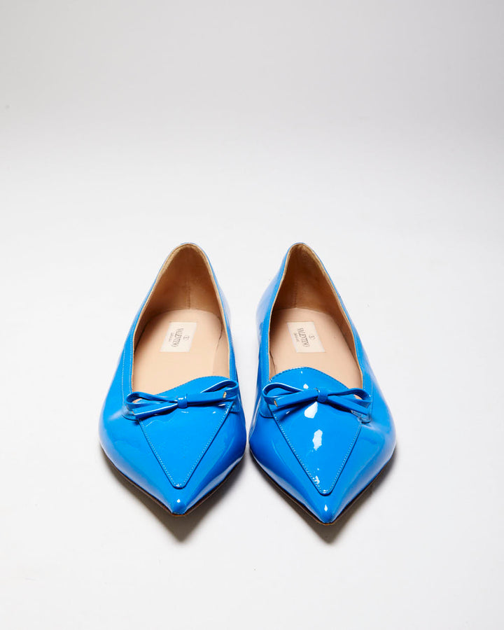 Valentino Garavani Women's Blu Vibrante Patent Leather Pointed Toe Bow Ballet Flats - UK5.5