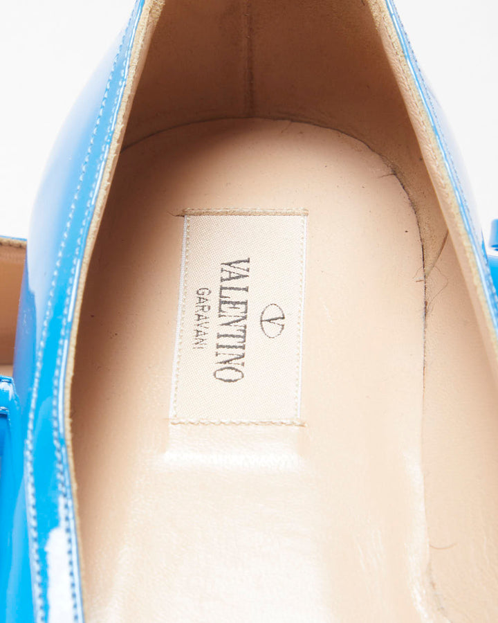 Valentino Garavani Women's Blu Vibrante Patent Leather Pointed Toe Bow Ballet Flats - UK5.5
