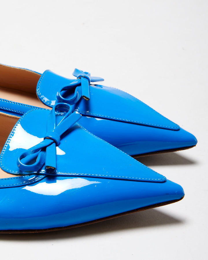 Valentino Garavani Women's Blu Vibrante Patent Leather Pointed Toe Bow Ballet Flats - UK5.5