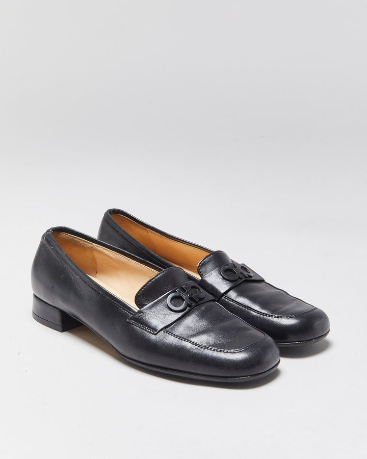 Salvatore Ferragamo Women's Black Leather Gancini Horesbit Heeled Loafers - UK3