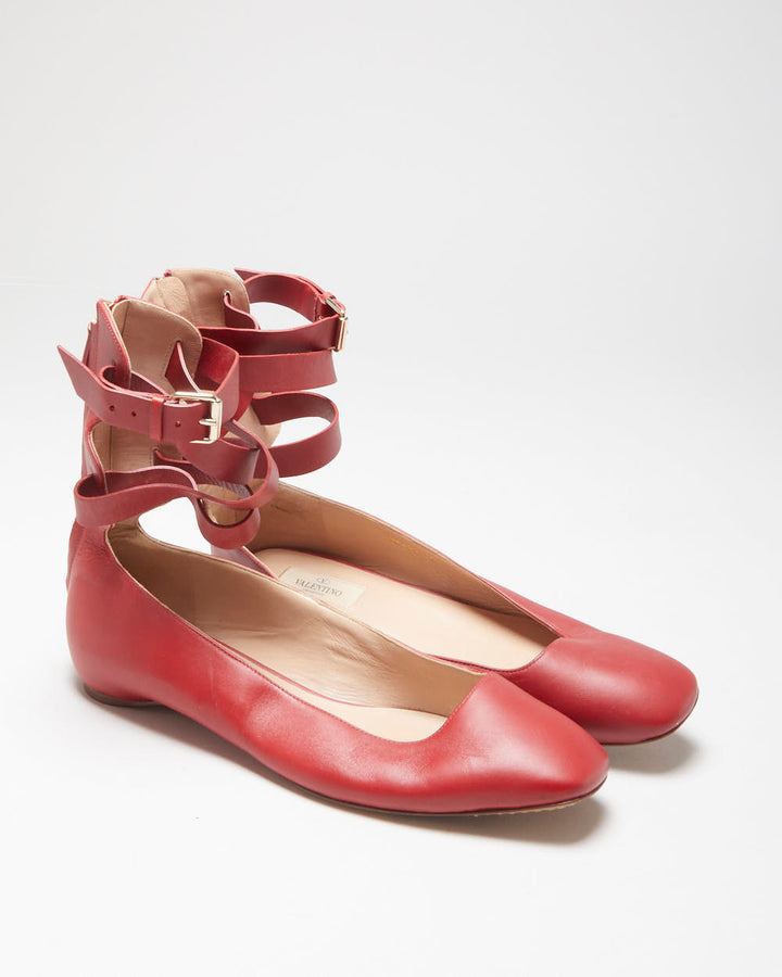 Valentino Garavani Women's Red Leather Ankle Wrap Ballerina Flat Court Shoes - UK7