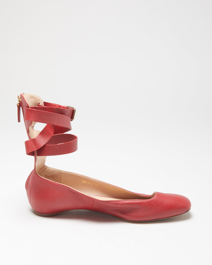 Valentino Garavani Women's Red Leather Ankle Wrap Ballerina Flat Court Shoes - UK7
