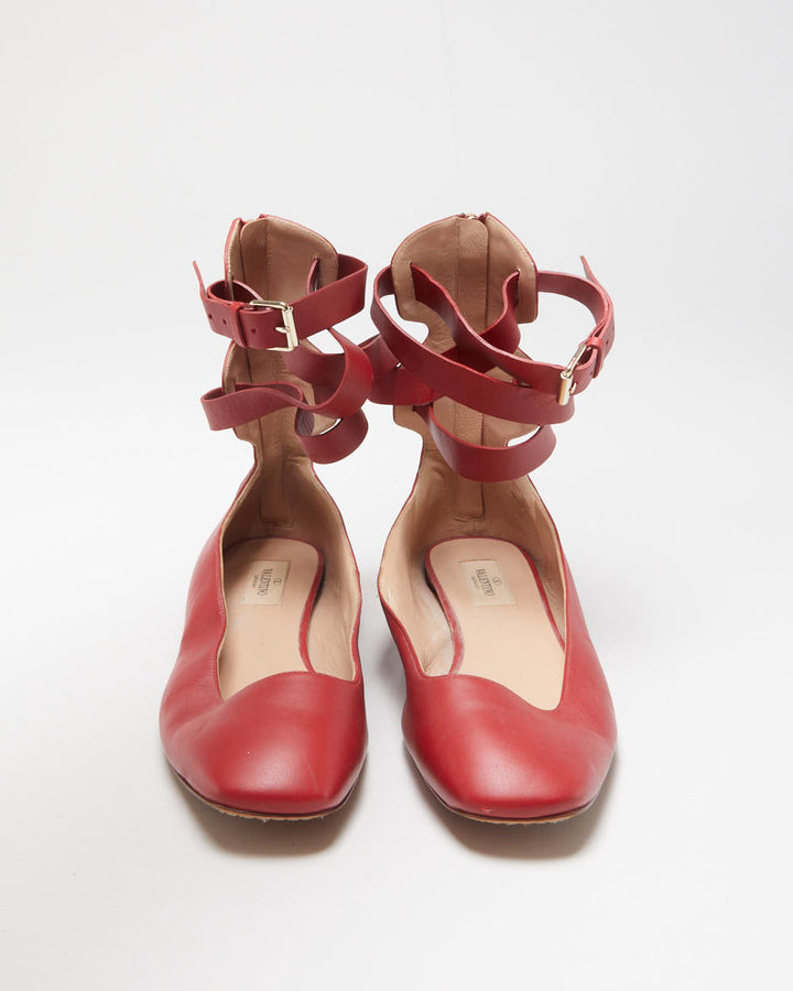 Valentino Garavani Women's Red Leather Ankle Wrap Ballerina Flat Court Shoes - UK7