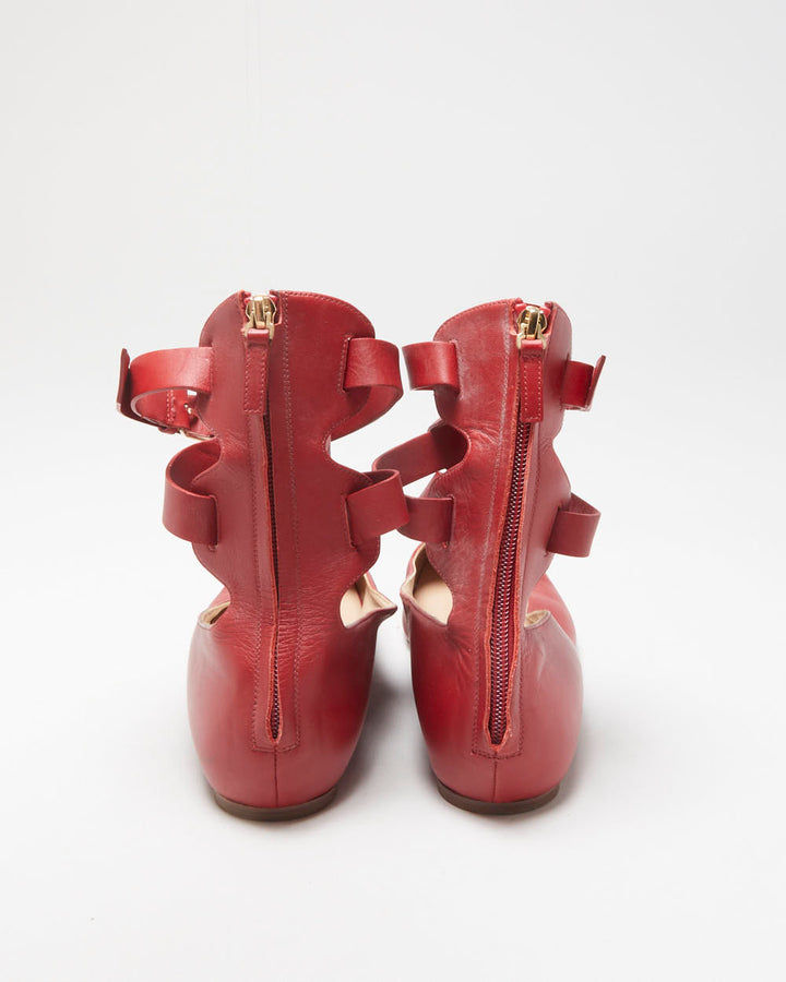 Valentino Garavani Women's Red Leather Ankle Wrap Ballerina Flat Court Shoes - UK7