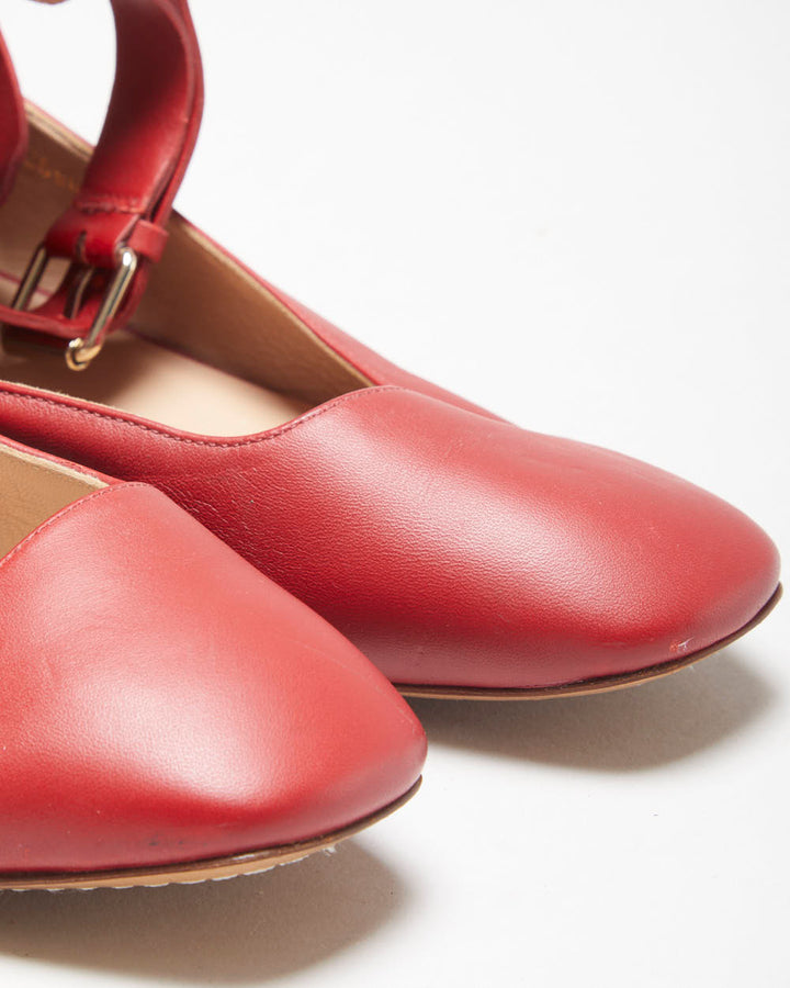 Valentino Garavani Women's Red Leather Ankle Wrap Ballerina Flat Court Shoes - UK7