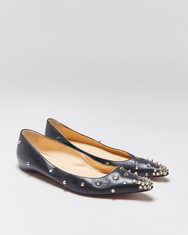 Christian Louboutin Women's Black Leather Degra Spike Pointed Toe Ballet Flats - UK5.5