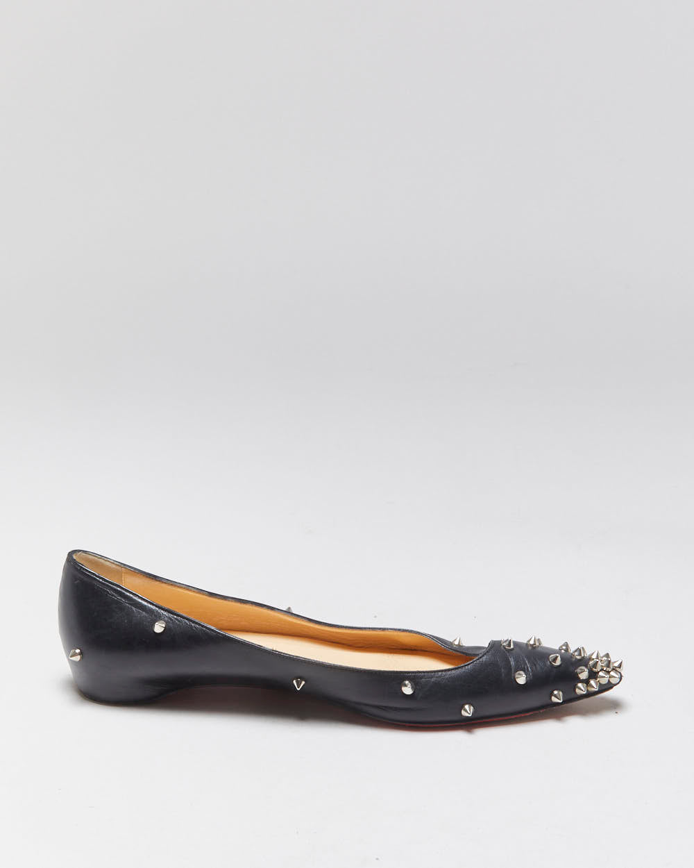Christian Louboutin Women's Black Leather Degra Spike Pointed Toe Ballet Flats - UK5.5
