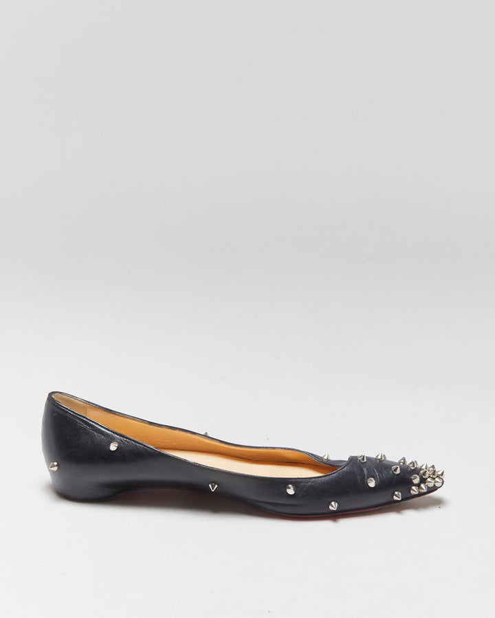 Christian Louboutin Women's Black Leather Degra Spike Pointed Toe Ballet Flats - UK5.5