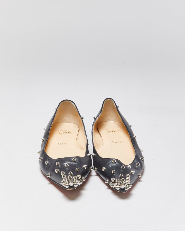 Christian Louboutin Women's Black Leather Degra Spike Pointed Toe Ballet Flats - UK5.5