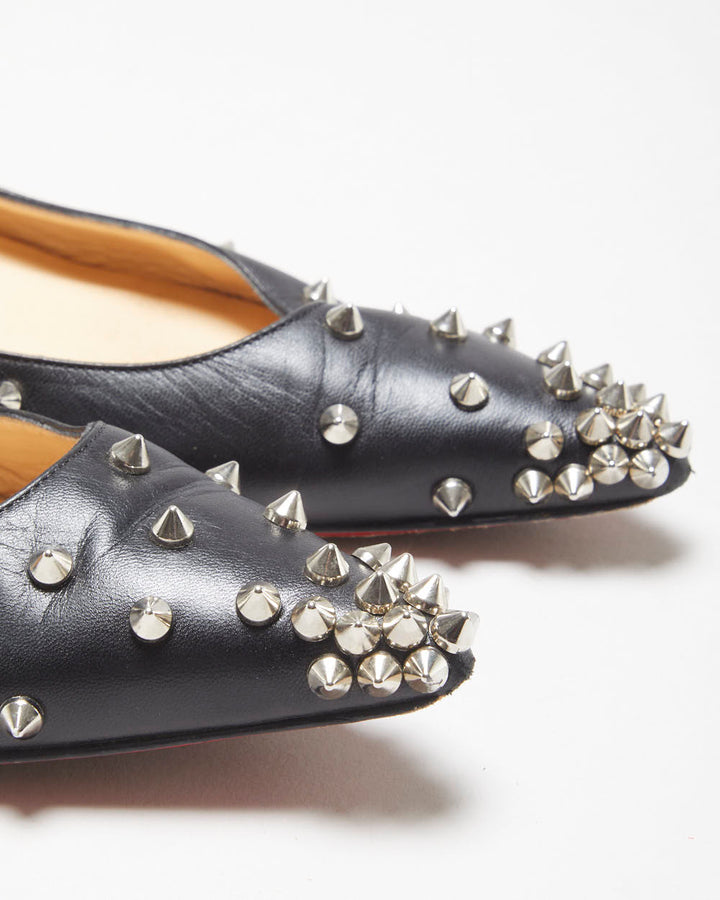 Christian Louboutin Women's Black Leather Degra Spike Pointed Toe Ballet Flats - UK5.5