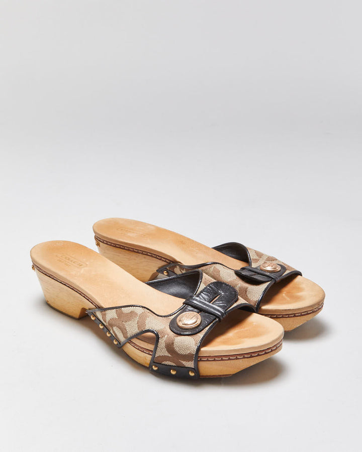 Vintage Coach Signature Monogram Canvas 'Lee' Open Toe Low Heel Clog Mules - UK7.5