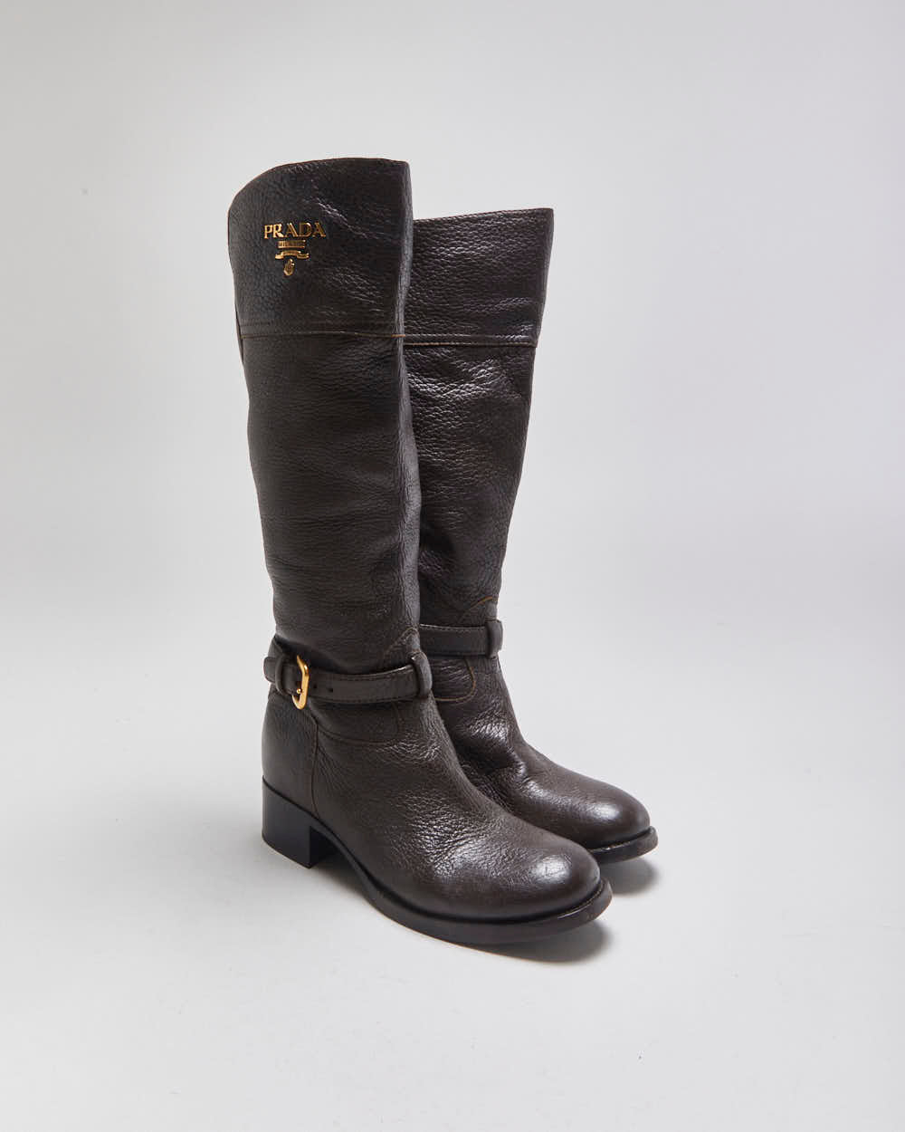 Prada Chestnut Pebble Grain Calfskin Leather Knee High Heeled Riding Boots - UK3.5