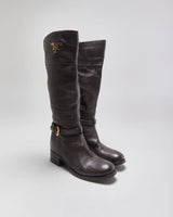 Prada Chestnut Pebble Grain Calfskin Leather Knee High Heeled Riding Boots - UK3.5