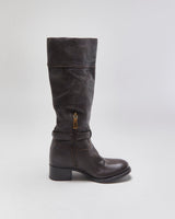 Prada Chestnut Pebble Grain Calfskin Leather Knee High Heeled Riding Boots - UK3.5