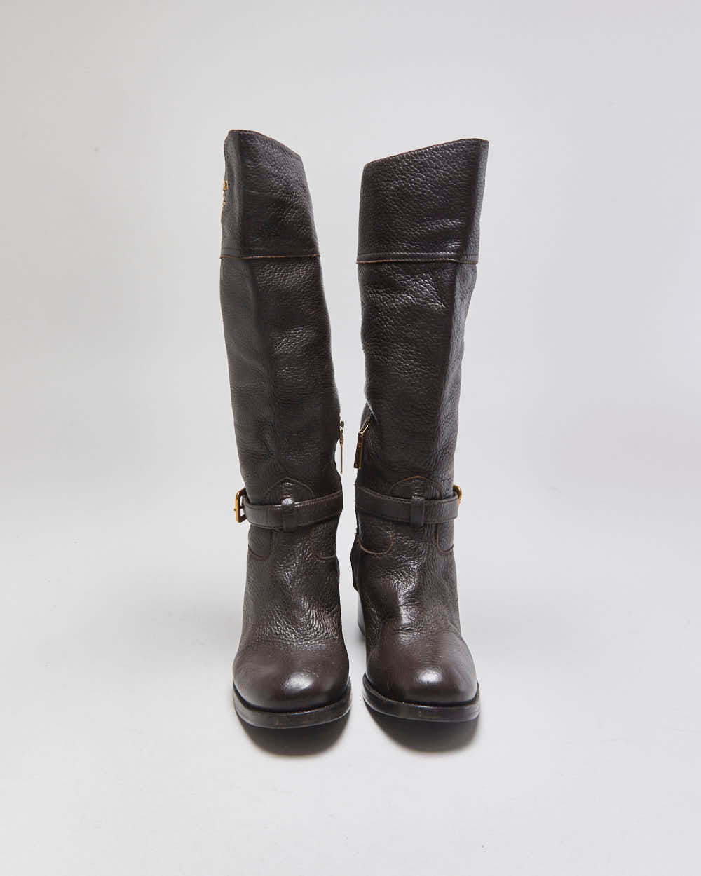 Prada Chestnut Pebble Grain Calfskin Leather Knee High Heeled Riding Boots - UK3.5