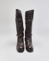 Prada Chestnut Pebble Grain Calfskin Leather Knee High Heeled Riding Boots - UK3.5