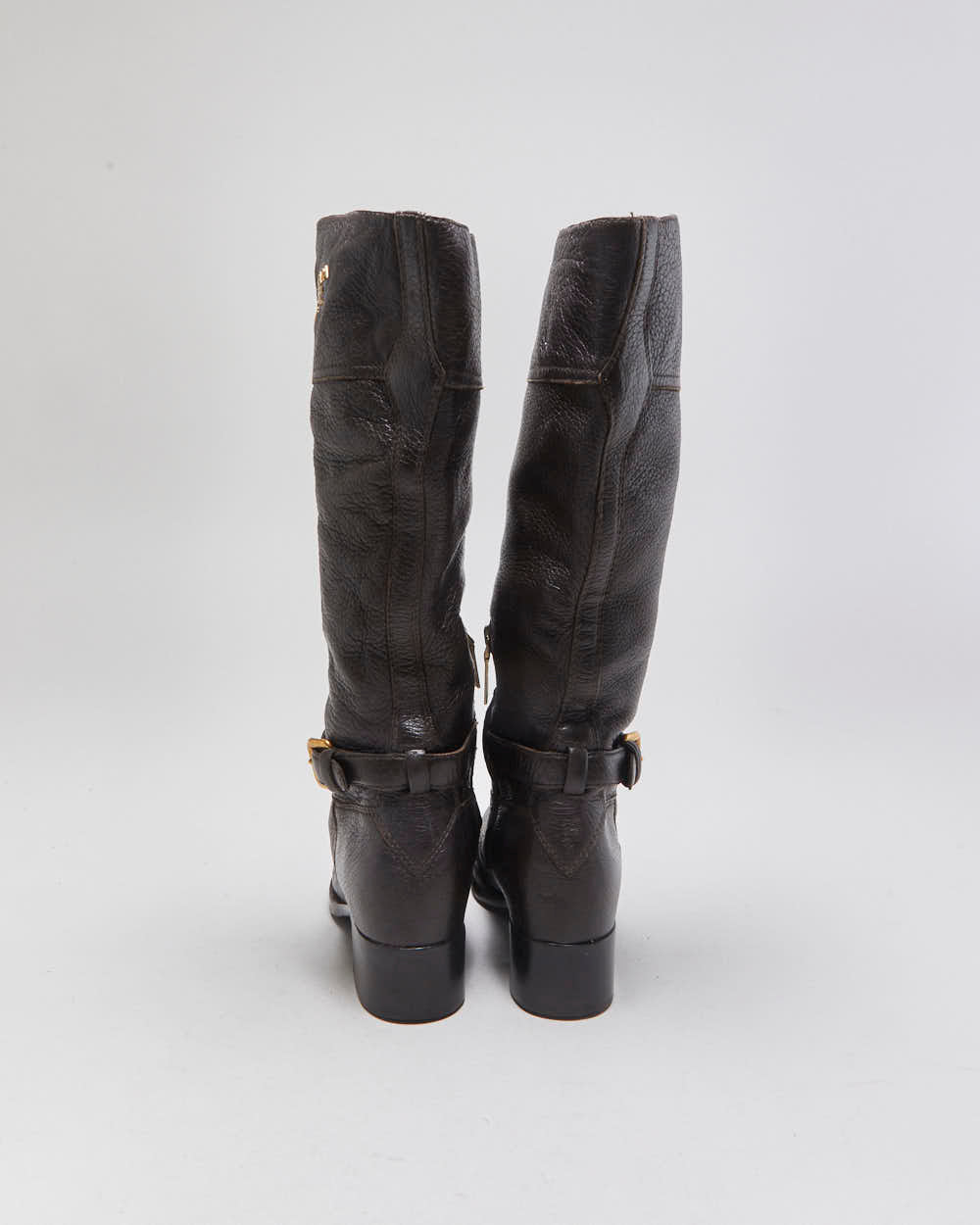 Prada Chestnut Pebble Grain Calfskin Leather Knee High Heeled Riding Boots - UK3.5