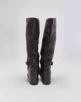 Prada Chestnut Pebble Grain Calfskin Leather Knee High Heeled Riding Boots - UK3.5