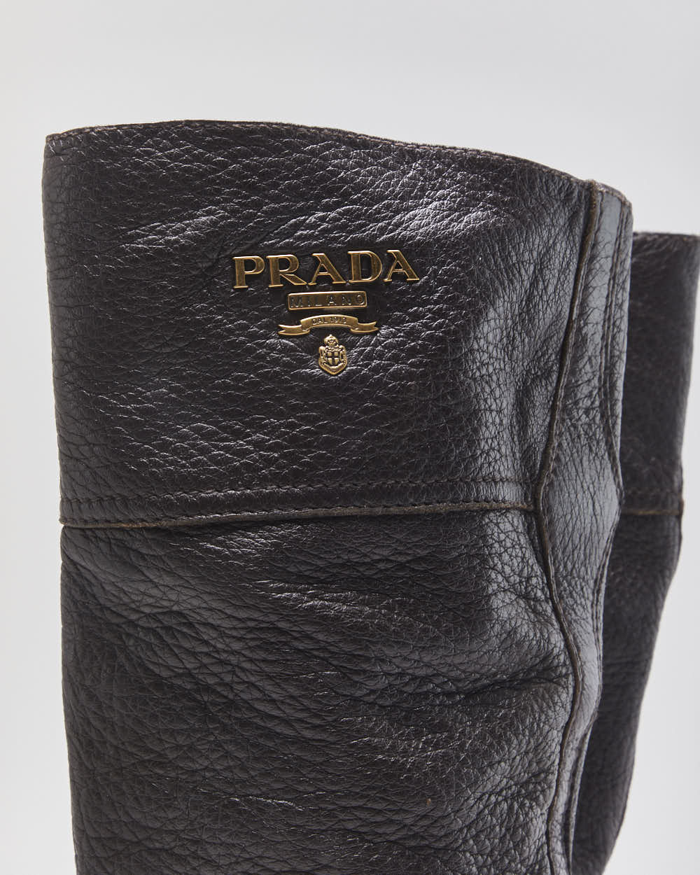 Prada Chestnut Pebble Grain Calfskin Leather Knee High Heeled Riding Boots - UK3.5