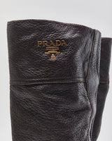 Prada Chestnut Pebble Grain Calfskin Leather Knee High Heeled Riding Boots - UK3.5