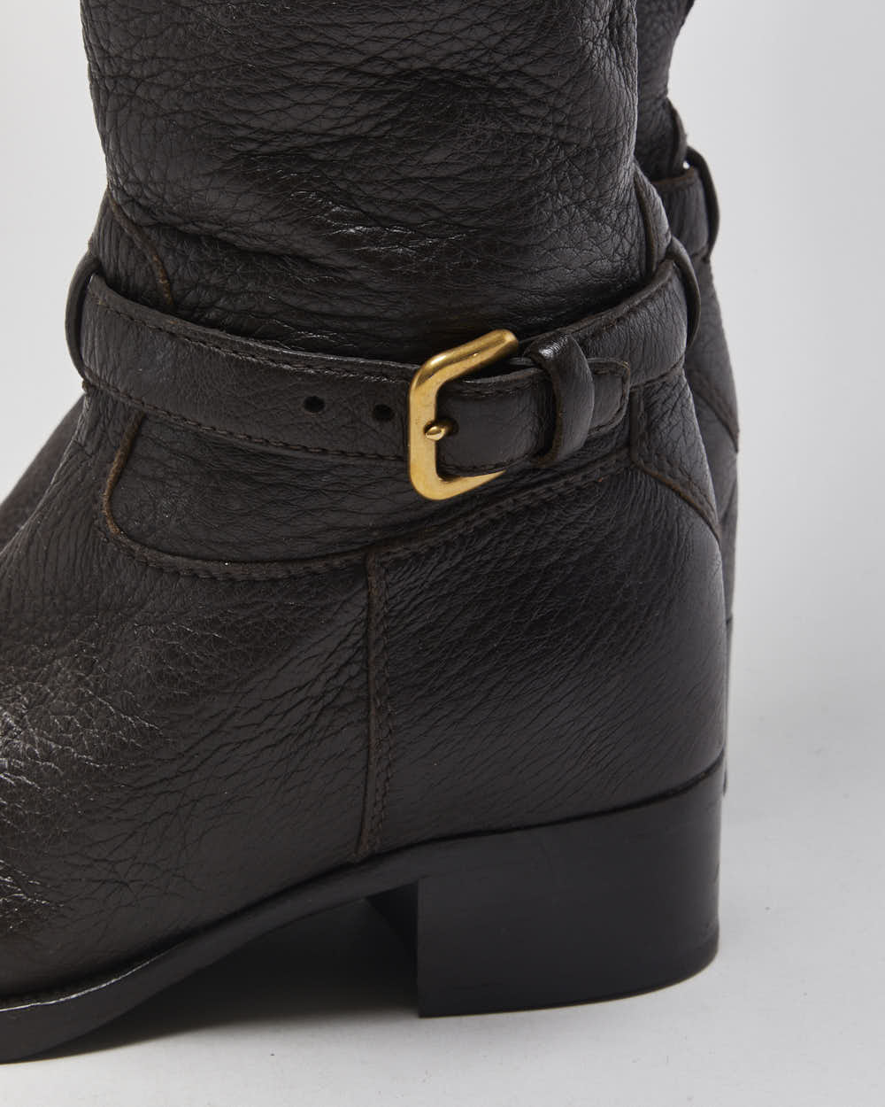 Prada Chestnut Pebble Grain Calfskin Leather Knee High Heeled Riding Boots - UK3.5