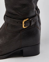 Prada Chestnut Pebble Grain Calfskin Leather Knee High Heeled Riding Boots - UK3.5