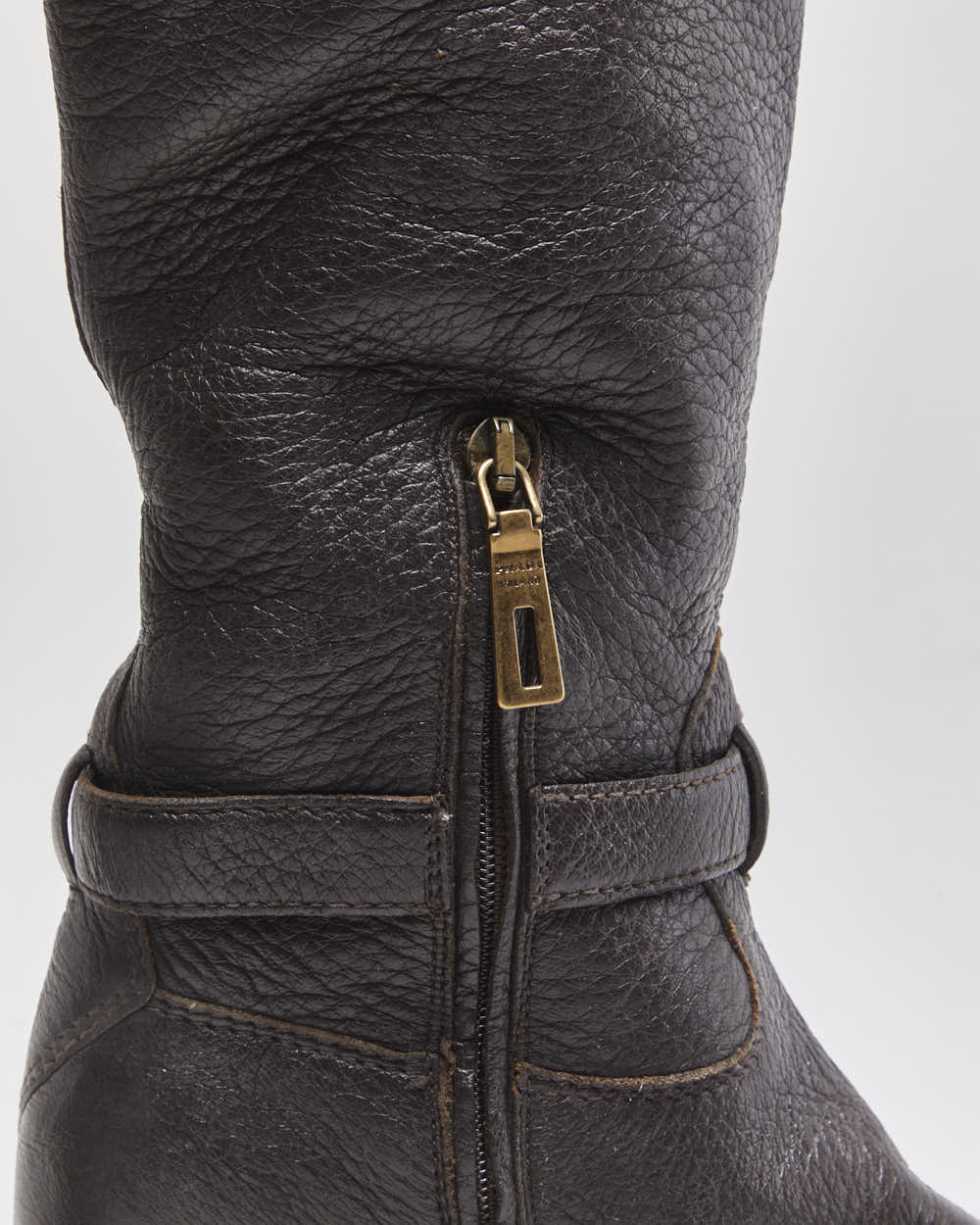 Prada Chestnut Pebble Grain Calfskin Leather Knee High Heeled Riding Boots - UK3.5