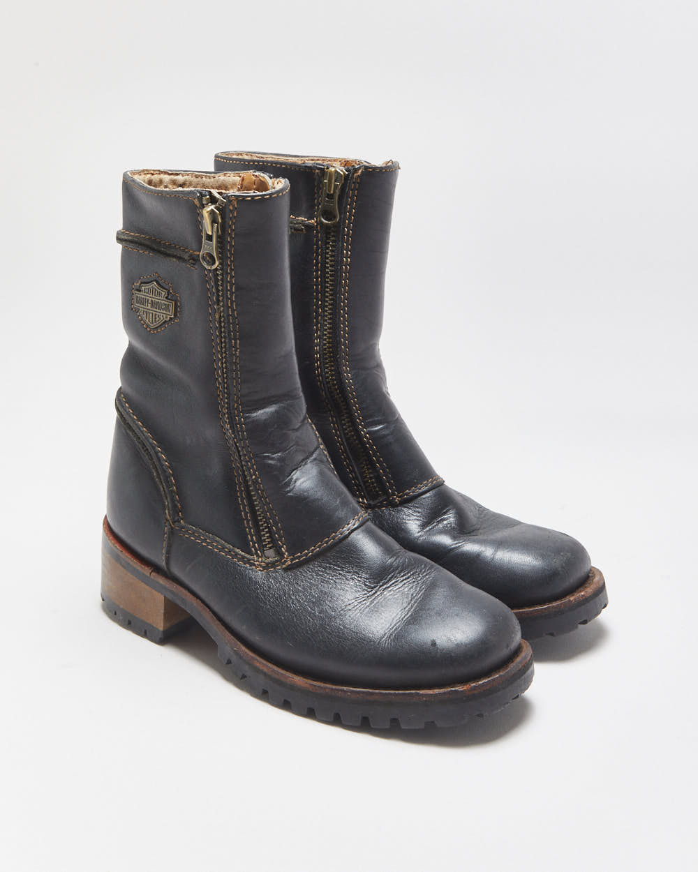 Vintage Harley Davidson Women's Black Leather Contrast Stitch Square Toe Heeled Mid Calf Biker Boots - UK3.5