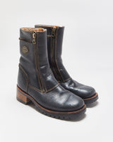 Vintage Harley Davidson Women's Black Leather Contrast Stitch Square Toe Heeled Mid Calf Biker Boots - UK3.5
