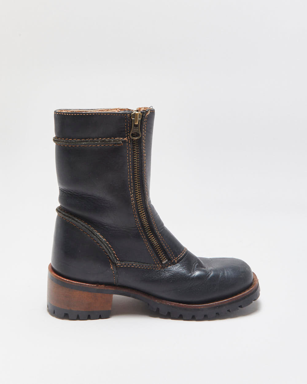 Vintage Harley Davidson Women's Black Leather Contrast Stitch Square Toe Heeled Mid Calf Biker Boots - UK3.5
