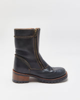 Vintage Harley Davidson Women's Black Leather Contrast Stitch Square Toe Heeled Mid Calf Biker Boots - UK3.5