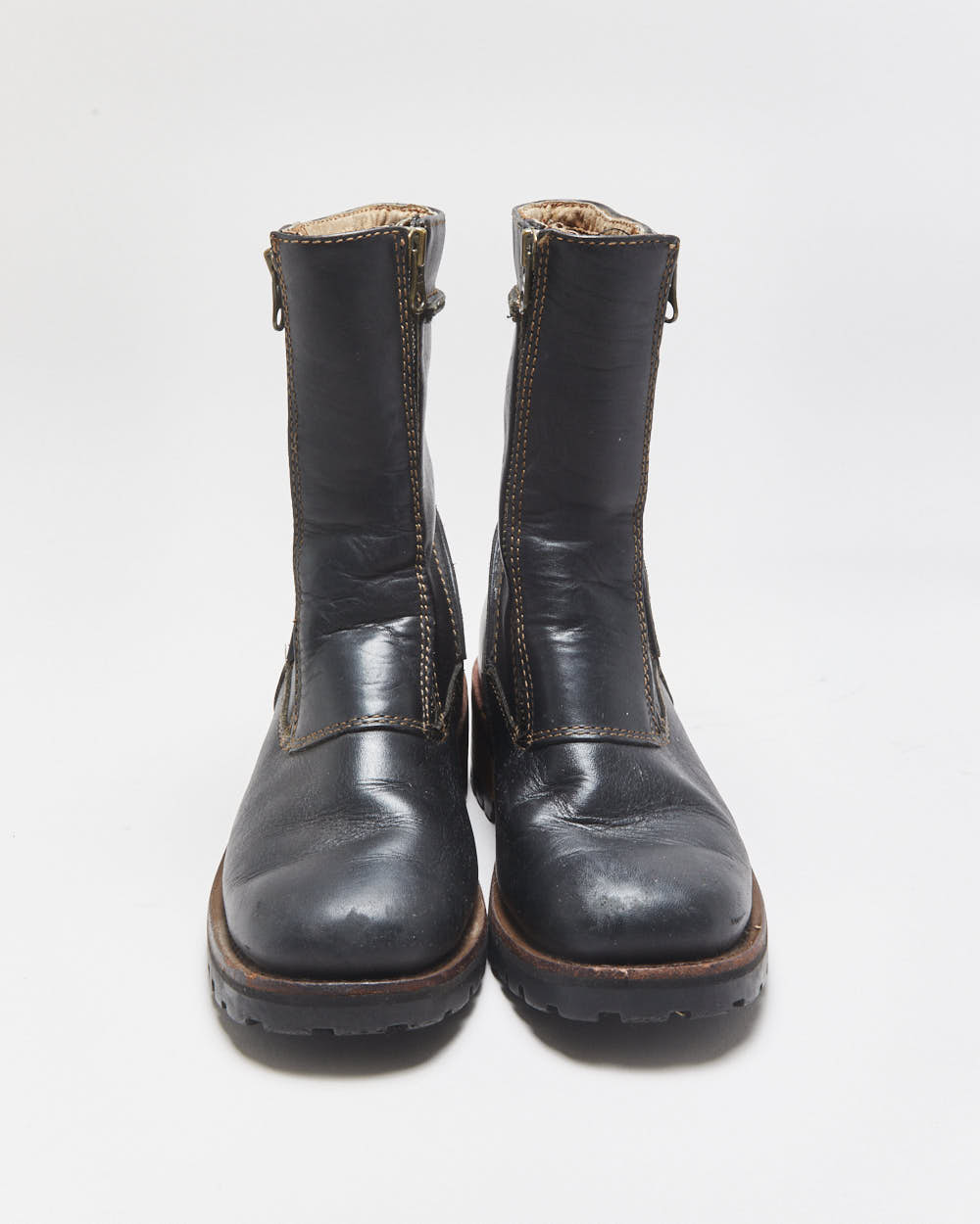 Vintage Harley Davidson Women's Black Leather Contrast Stitch Square Toe Heeled Mid Calf Biker Boots - UK3.5