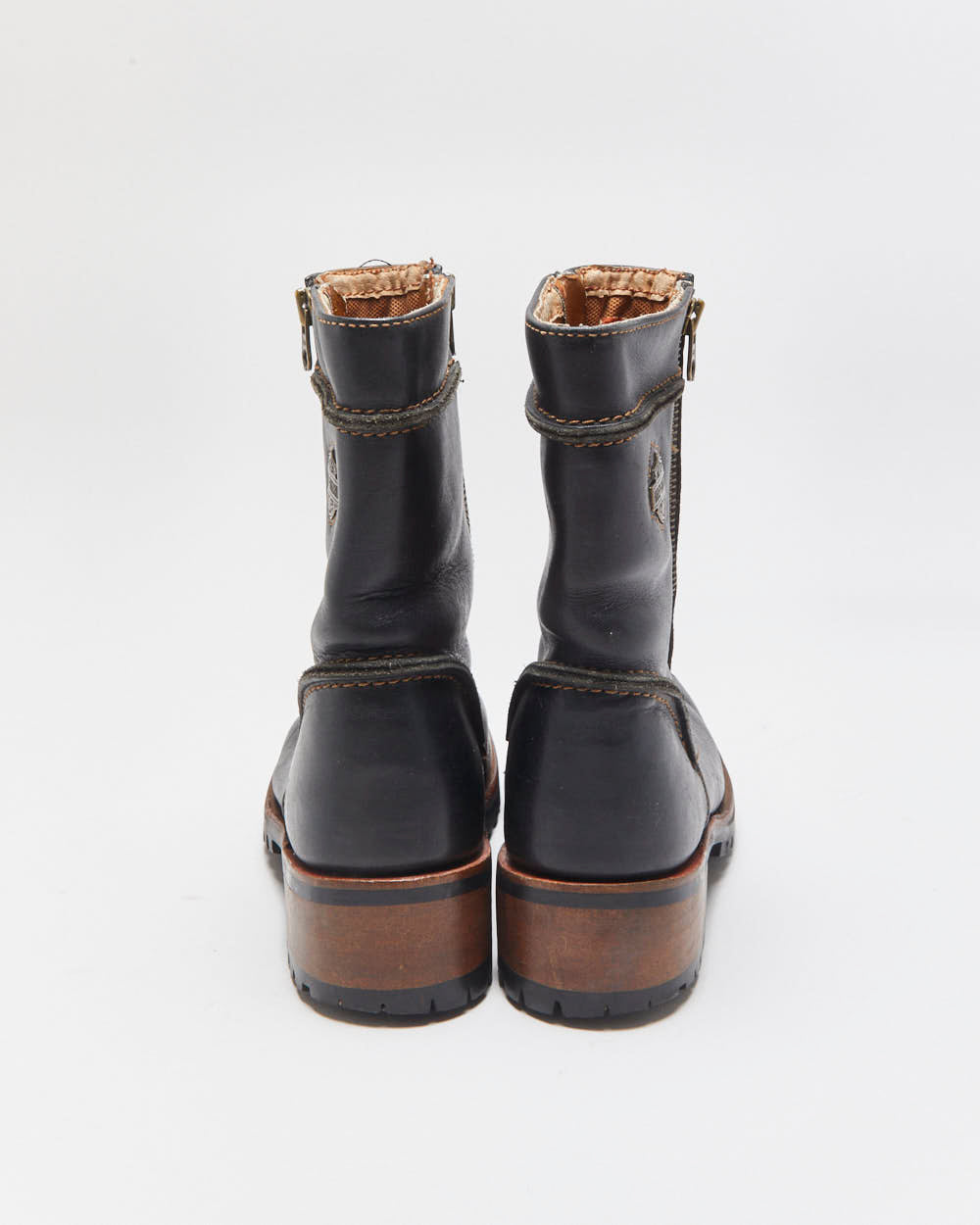 Vintage Harley Davidson Women's Black Leather Contrast Stitch Square Toe Heeled Mid Calf Biker Boots - UK3.5