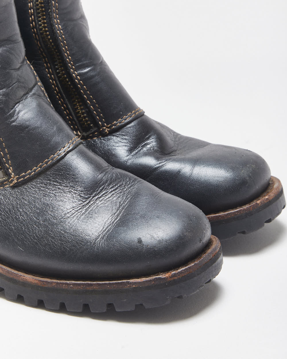 Vintage Harley Davidson Women's Black Leather Contrast Stitch Square Toe Heeled Mid Calf Biker Boots - UK3.5