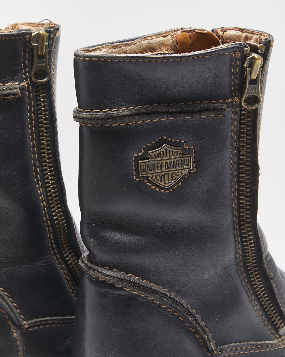 Vintage Harley Davidson Women's Black Leather Contrast Stitch Square Toe Heeled Mid Calf Biker Boots - UK3.5