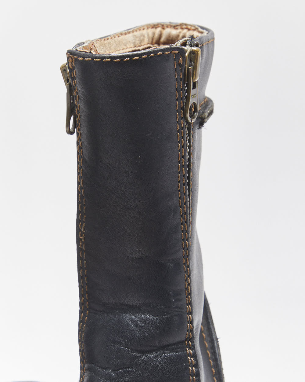 Vintage Harley Davidson Women's Black Leather Contrast Stitch Square Toe Heeled Mid Calf Biker Boots - UK3.5