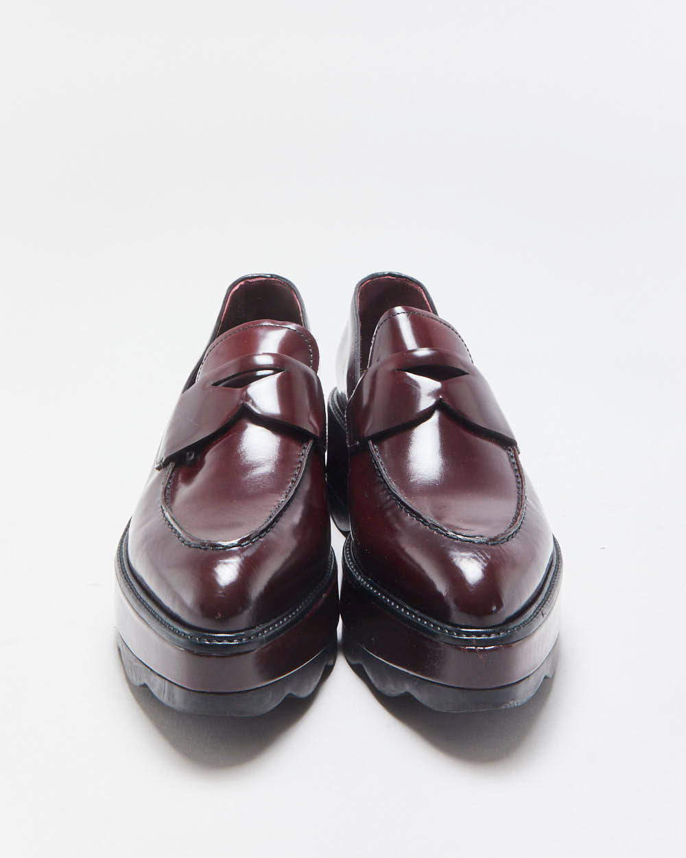 Prada Women's Mahogany Red Monolith Leather Platform Pointed Toe Loafers - UK6