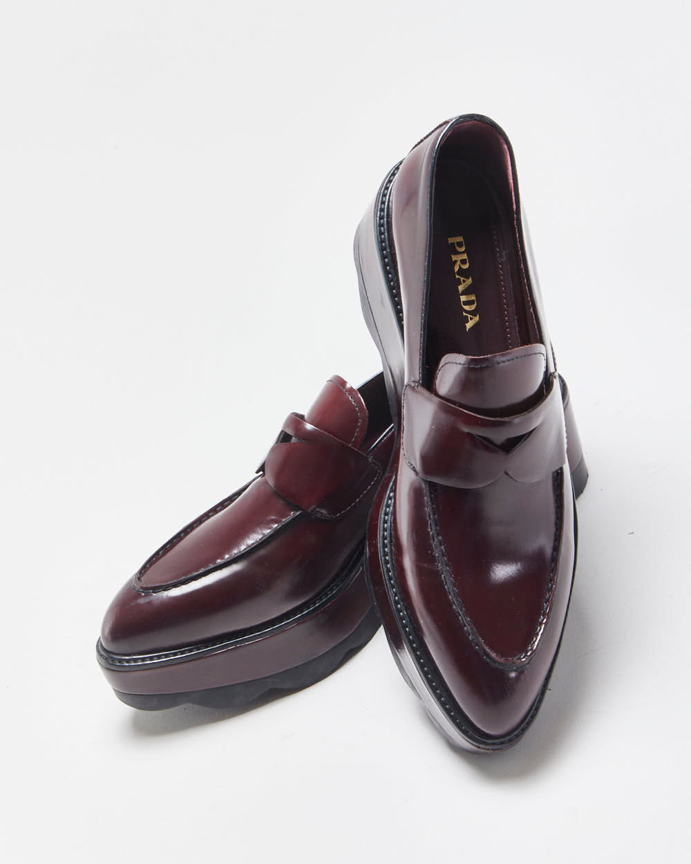 Prada Women's Mahogany Red Monolith Leather Platform Pointed Toe Loafers - UK6