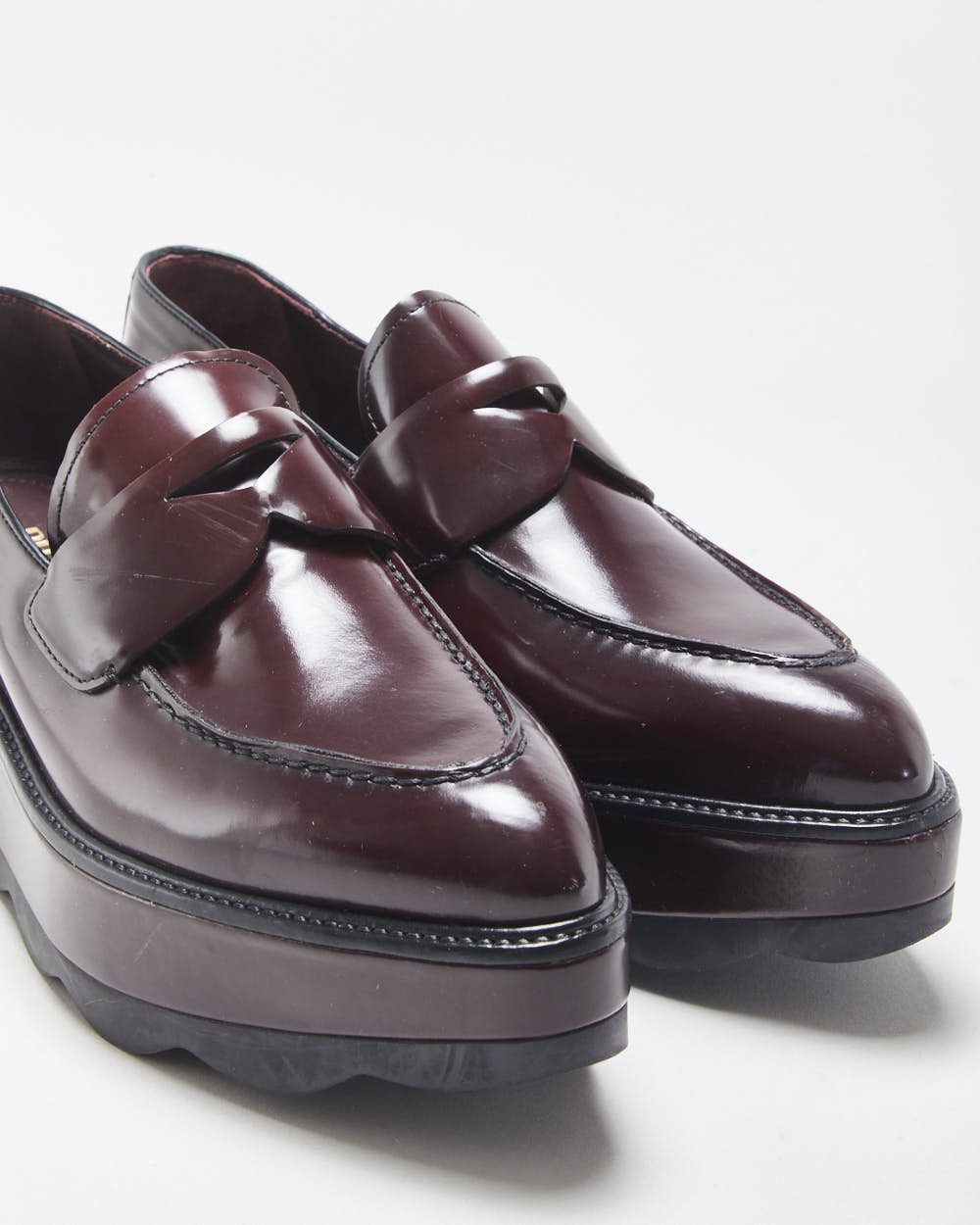 Prada Women's Mahogany Red Monolith Leather Platform Pointed Toe Loafers - UK6