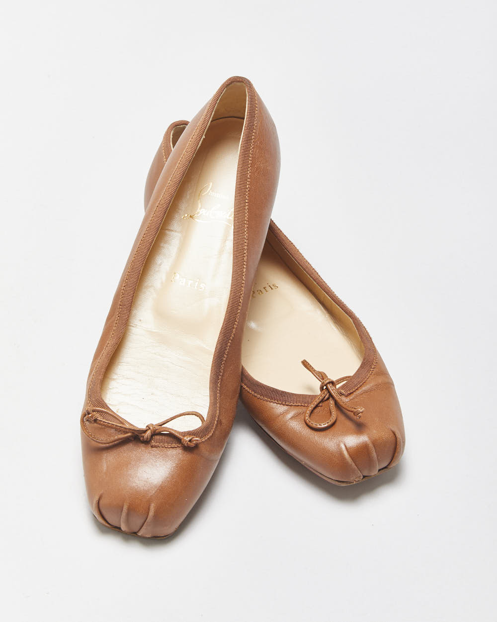Vintage Louboutin Women's Hazelnut Calfskin Mamadrague Square-Toe Lace Ballet Flats - UK6