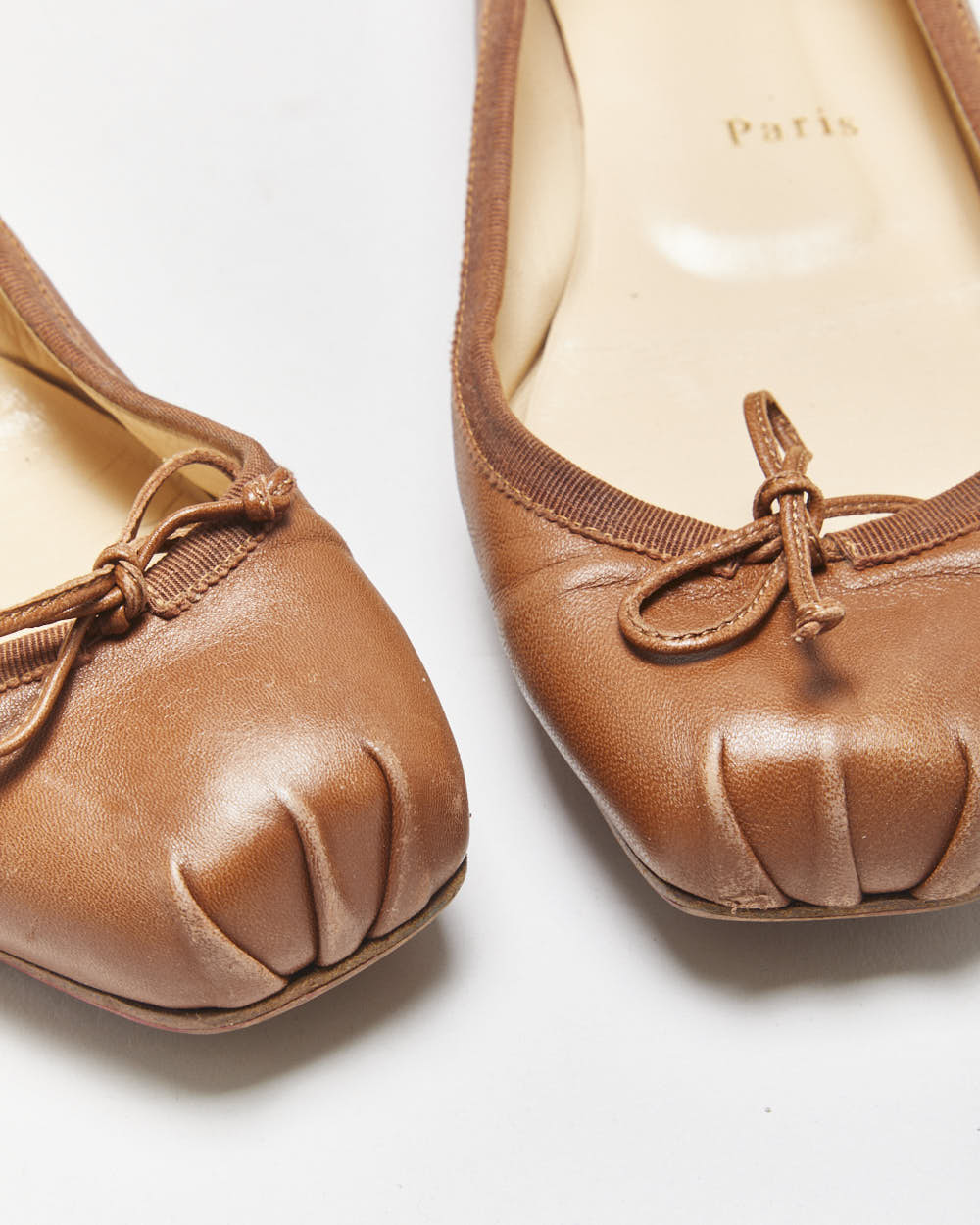Vintage Louboutin Women's Hazelnut Calfskin Mamadrague Square-Toe Lace Ballet Flats - UK6