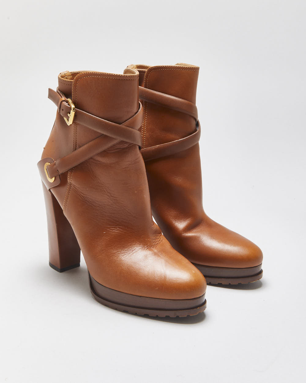 Ralph Lauren The Collection Purple Label Tan Calfskin Leather Criss Cross Buckled Block High Heel Ankle Booties - UK9