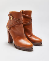 Ralph Lauren The Collection Purple Label Tan Calfskin Leather Criss Cross Buckled Block High Heel Ankle Booties - UK9
