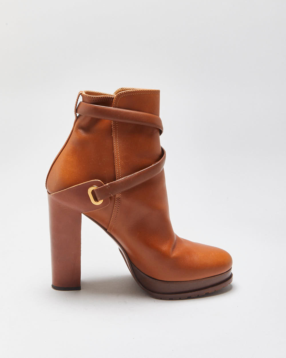 Ralph Lauren The Collection Purple Label Tan Calfskin Leather Criss Cross Buckled Block High Heel Ankle Booties - UK9