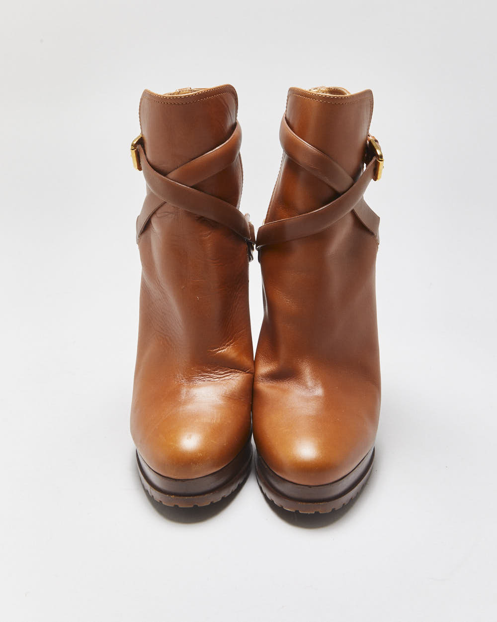 Ralph Lauren The Collection Purple Label Tan Calfskin Leather Criss Cross Buckled Block High Heel Ankle Booties - UK9