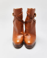 Ralph Lauren The Collection Purple Label Tan Calfskin Leather Criss Cross Buckled Block High Heel Ankle Booties - UK9
