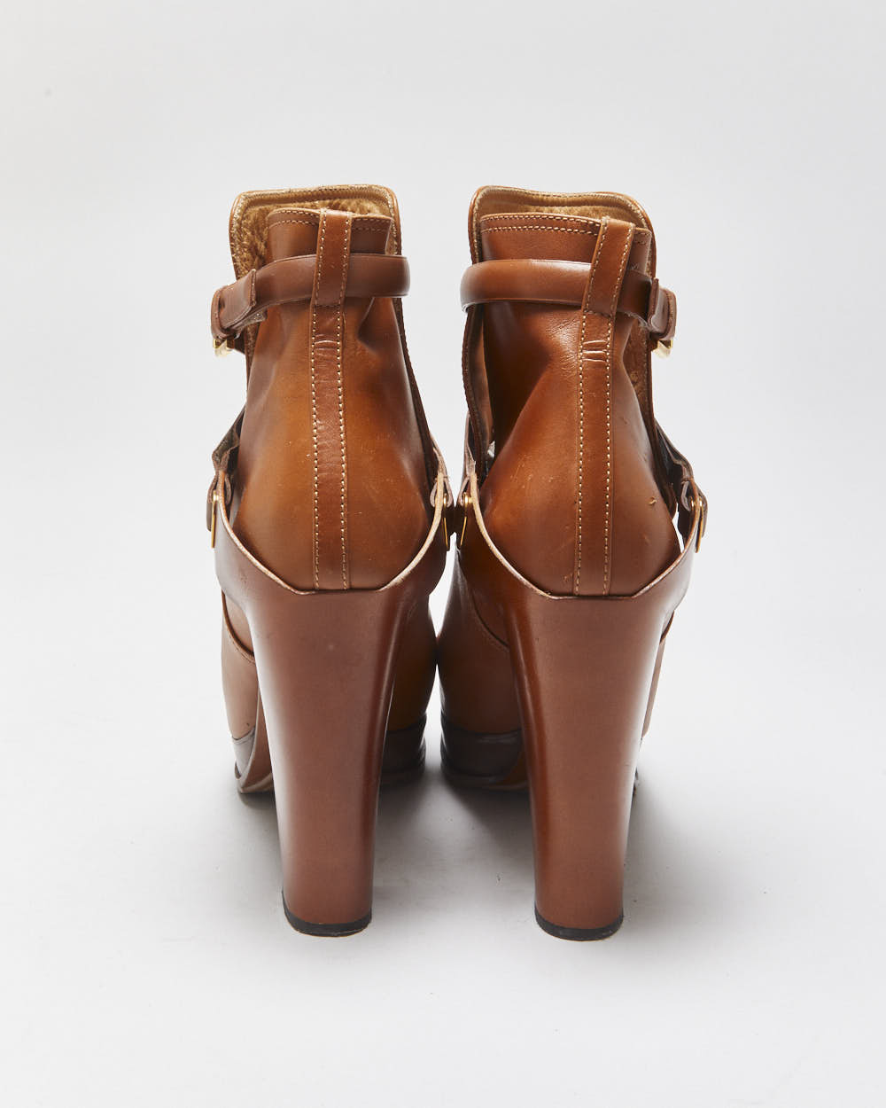 Ralph Lauren The Collection Purple Label Tan Calfskin Leather Criss Cross Buckled Block High Heel Ankle Booties - UK9