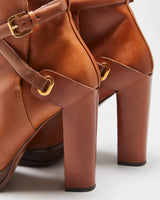 Ralph Lauren The Collection Purple Label Tan Calfskin Leather Criss Cross Buckled Block High Heel Ankle Booties - UK9