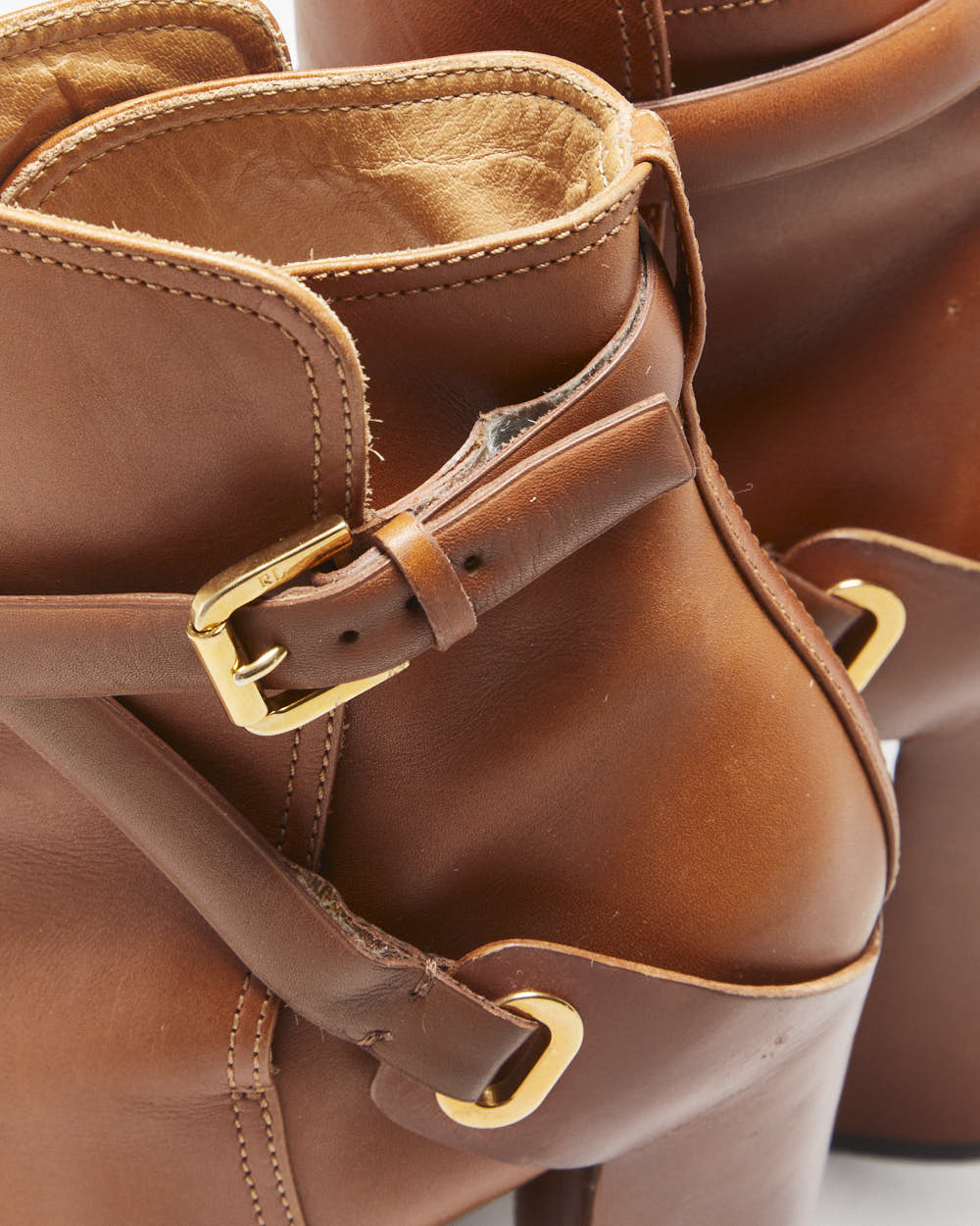 Ralph Lauren The Collection Purple Label Tan Calfskin Leather Criss Cross Buckled Block High Heel Ankle Booties - UK9